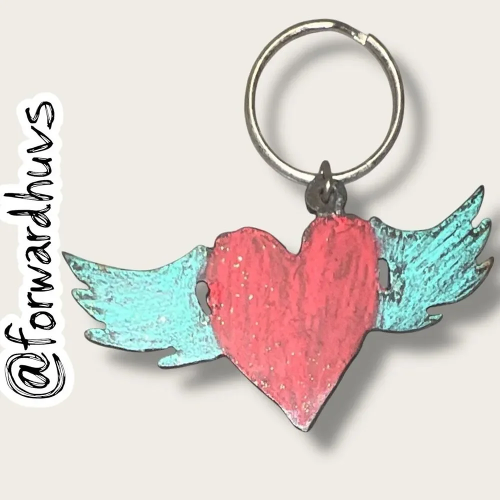 Handmade Copper Winged Heart Keychain Red Turquoise Patina Folk Art
